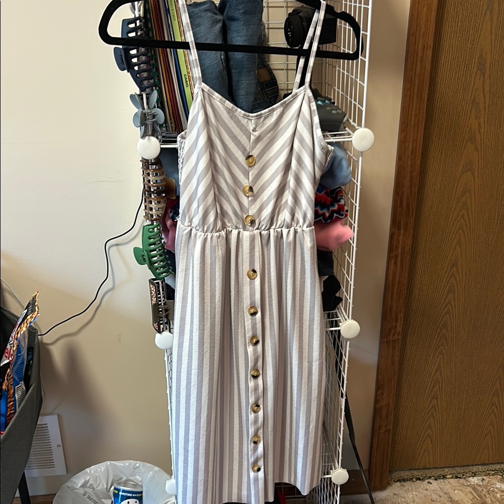 Striped Button-Down Dress in White and Gray